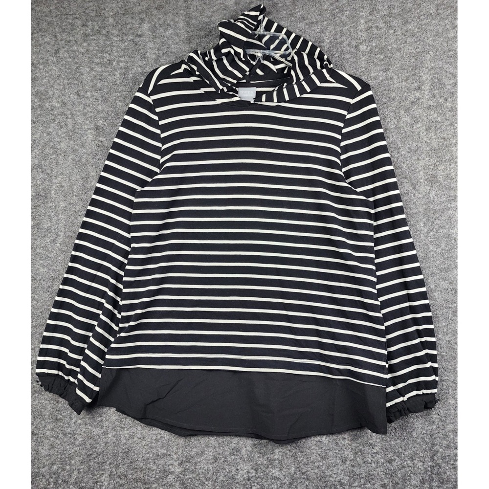 Chicos Zenergy Woven Mix Stripe Hood Women 1 Black White Long‎ Sleeve 570338628
